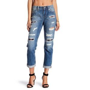 Miss Me Torn Plaid Patch Boyfriend Ankle Jeans 28